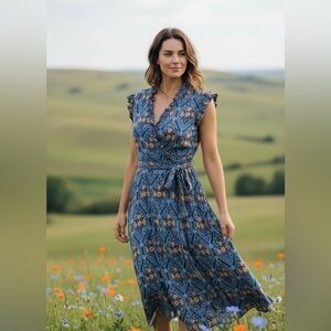 Boden NWT Ruffle Fixed Wrap Jersey Dress Mosaic Blue Poppy Bloom Cottagecore Sz8